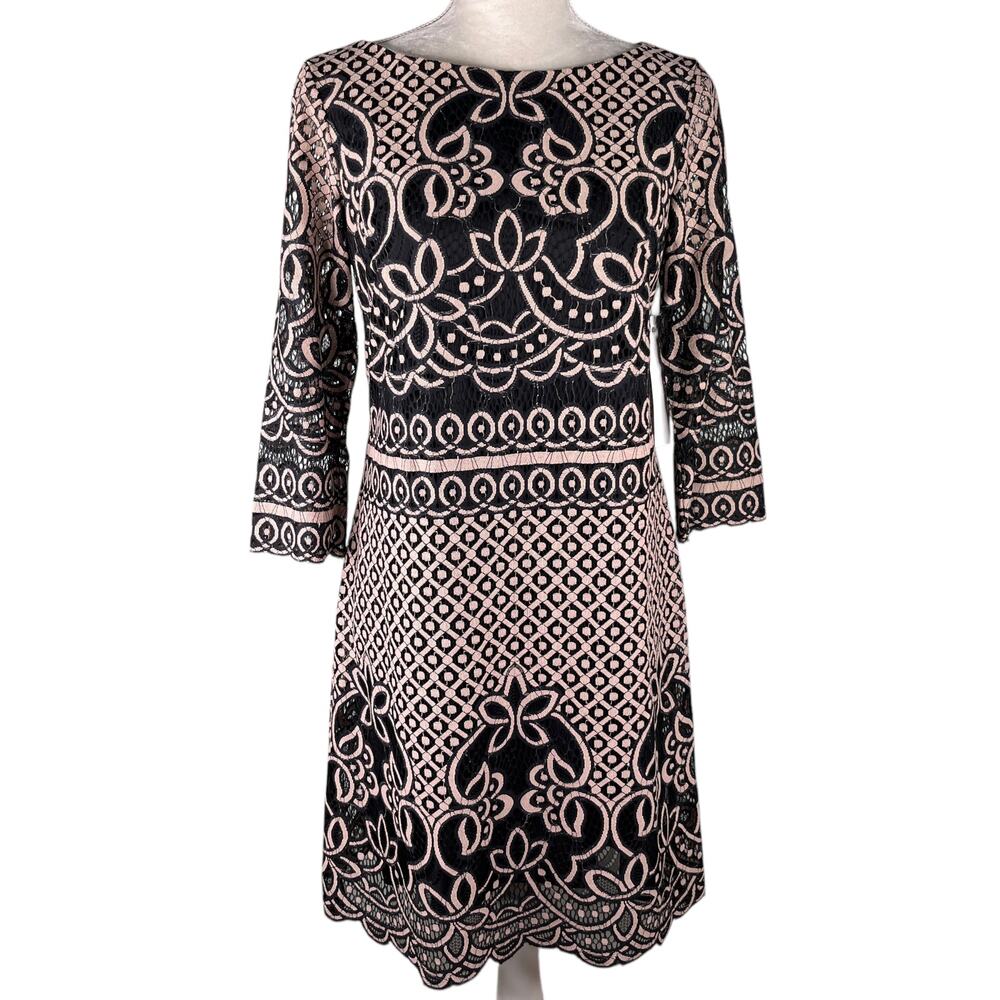 Eliza J Dress Black Taupe Lace 3/4 Sleeves 6 New
